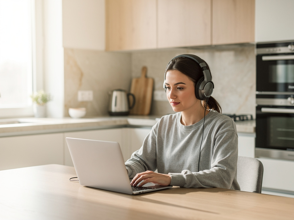 A person with headphones watching a lesson on a laptop at a kitchen table in the morning.