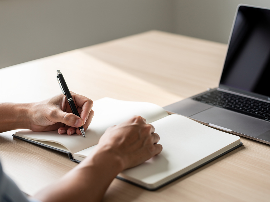 Hands writing notes in an open notebook next to a laptop on a clean wooden desk.