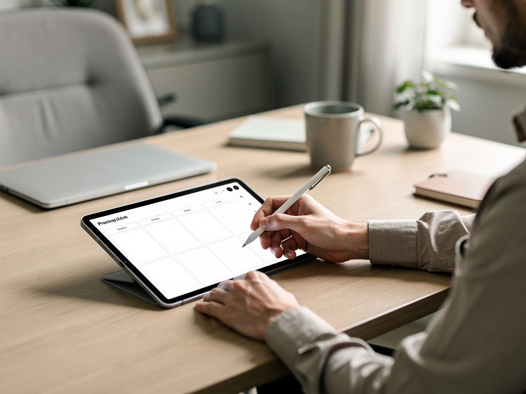 A person filling in a blank planning sheet on a tablet with a stylus in a calm home office.