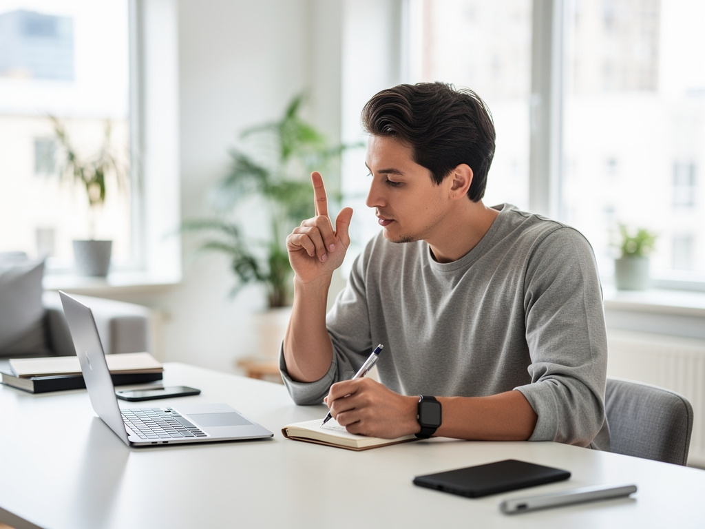 A person on a video call, nodding and taking notes in a bright, airy room.