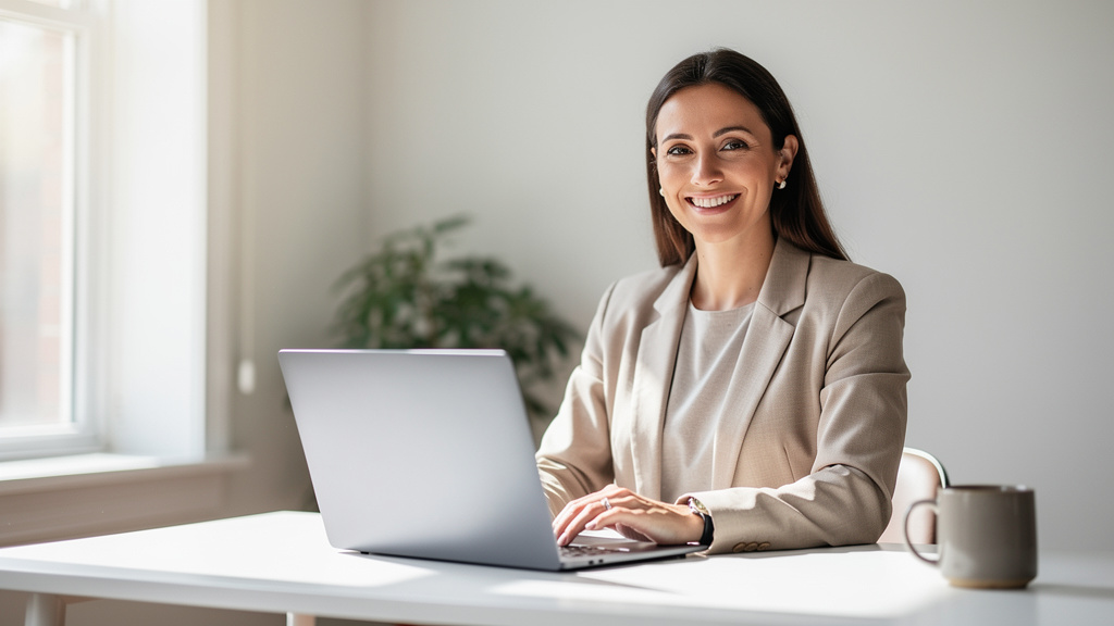 A smiling independent professional working on a laptop at a bright, minimalist desk with natural light and a coffee mug.