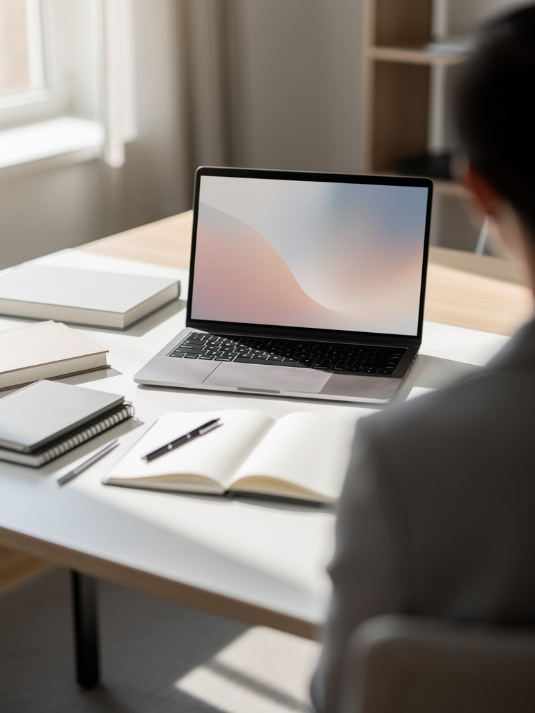 A tidy workspace seen from behind a person at a desk, with notebooks, a laptop, and soft daylight, face out of view.